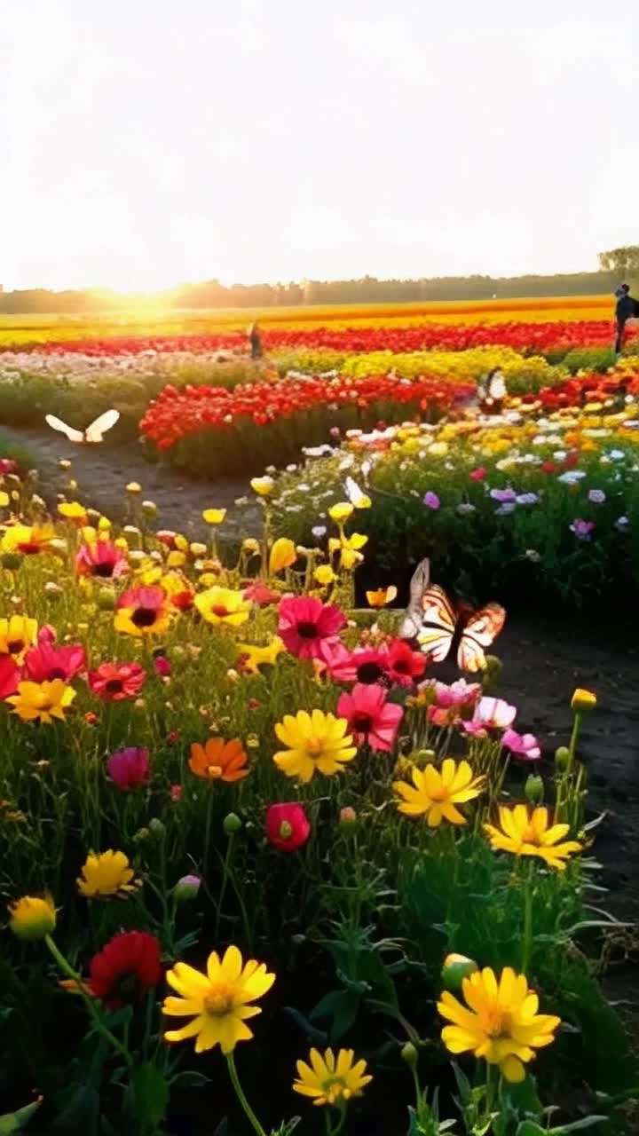 Whimsical creature parade fluttering butterflies dancing gracefully vibrant flower field filled with colors illuminated by golden sunlight