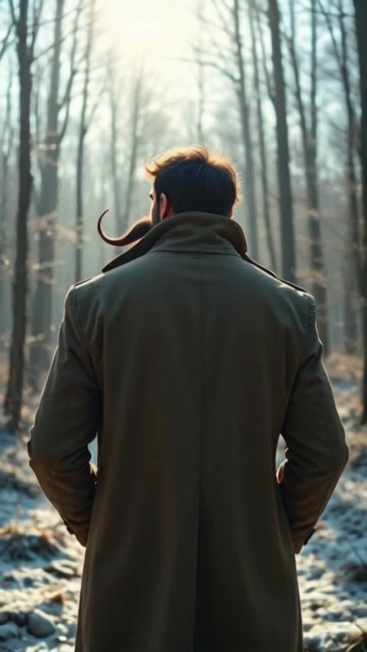  back view of weird man with large mustache and sunglasses wearing a trenchcoat in a cold day in southeast Tennessee forest, sunny frosty morning, opening his coat and holding it wide open 