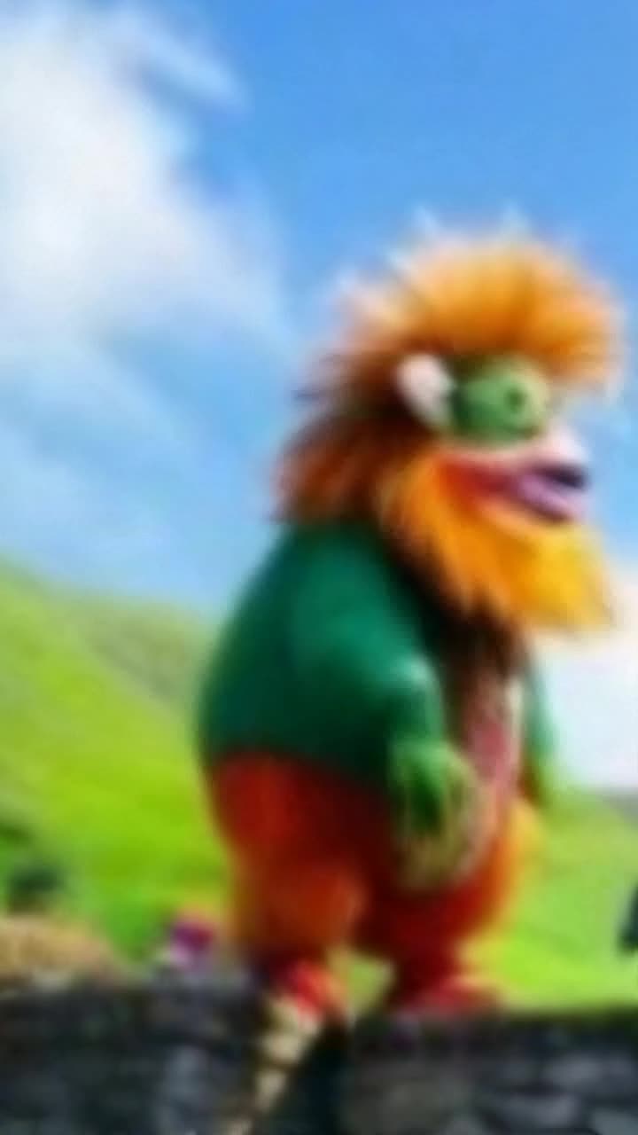 Full sized view and close up of bridge troll as he stomps in place, points a finger at the sky, points a finger to the left, points a finger to the right, points his thumb over his shoulder and yells