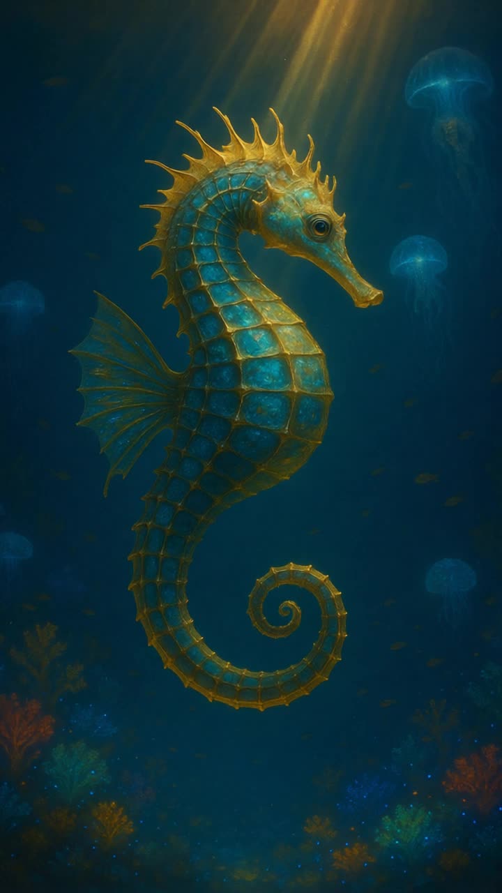 A majestic seahorse, glistening with iridescent scales of sapphire, emerald, and gold, floats elegantly in a surreal underwater kingdom Shafts of golden sunlight cascade through the crystalclear water, illuminating its spiraled tail and delicately fanned dorsal fin Around it, bioluminescent jellyfish drift gracefully, while glowing coral gardens pulse with color Tiny fish dart through the scene like living brushstrokes The mood is ethereal and tranquil, with a sense of quiet nobility and dreamlike wonder Ultradetailed, cinematic lighting, 8K resolution, fantasy realism, inspired by National Geographic and Studio Ghibli
