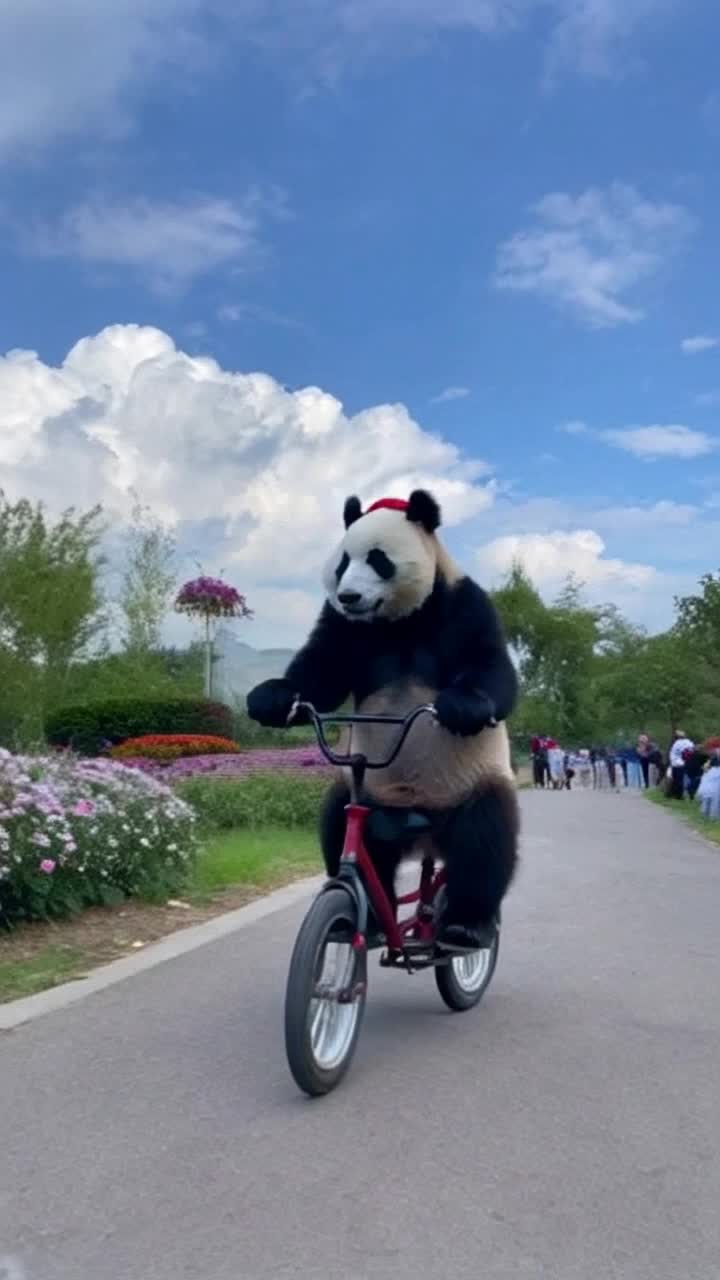 Charming panda bear balancing gracefully on bright colorful unicycle spinning playfully along a bustling park pathway surrounded by vibrant blooming flowers cheerful children laughing in delight as they watch fluffy clouds drift lazily across a brilliant blue sky shimmering sunlight casting playful shadows on the grass
