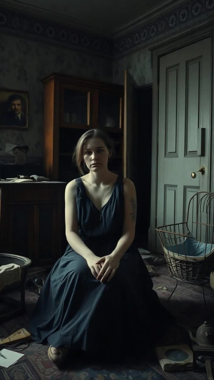 a decaying room filled with forgotten objects a tarnished locket, a dusty cradle, faded lettersbathed in dim, melancholic light
