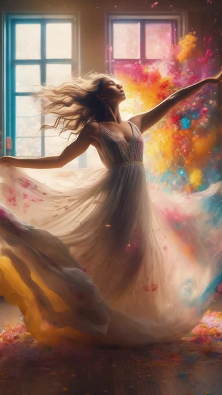 Graceful woman adorned in a flowing dress twirls passionately amidst a whirlwind of vibrant paint swirling around her dancing across a blank canvas Lush secret garden blooms with colorful flowers bursts of sunlight cascade through an open window illuminating delicate petals Warm rays enhance intricate details of her artistic endeavor tranquility embraces her while soft melodies float in the air creating a peaceful ambiance Creativity flourishes as inspiration intertwines with serenity in this enchanting artistic sanctuary rich with natural beauty