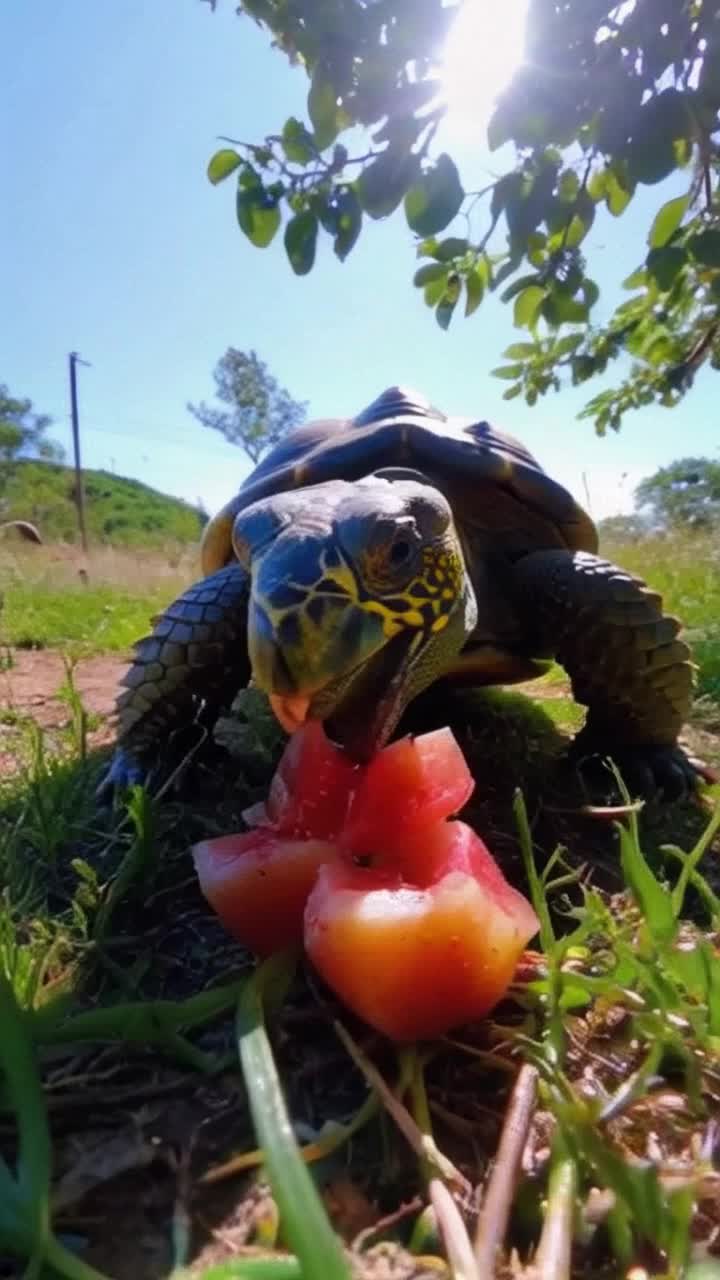 Colorful tortoise with intricate shell patterns munching on ripe succulent fruits under a bright sun Gentle chewing motions as juicy juice drips from the vibrant fruit pieces Lush green grass carpet surrounding the tortoise with delicate wildflowers blooming nearby Sunlight filtering through leafy branches above creating playful shadows on the ground Birds chirping in the distance adding a peaceful soundtrack to this serene moment in nature