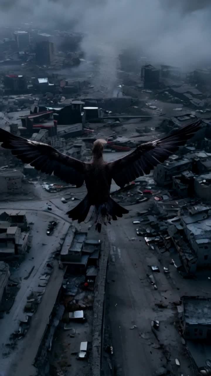The eagle flies over the destroyed apocolyptic destruction with explosions and fog