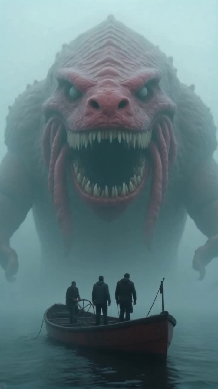 Menacing sea monsters lurking beneath ominous dark waters surfacing near a majestic ship rocking violently in turbulent waves Tentacles rising ominously from depths reaching towards the wooden hull creating a sense of impending doom Crests of foamy waves crash against the ships sides as sails flap wildly in a fierce storm Gloomy skies filled with dark clouds enhance the atmosphere of dread while flashes of lightning illuminate monstrous silhouettes creating a captivating dance of chaos and fear