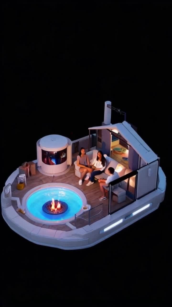 An afrofuturist Black family glamping in style, enjoying every futuristic comfort money can buy, fisheye lens, octane render, holographic 