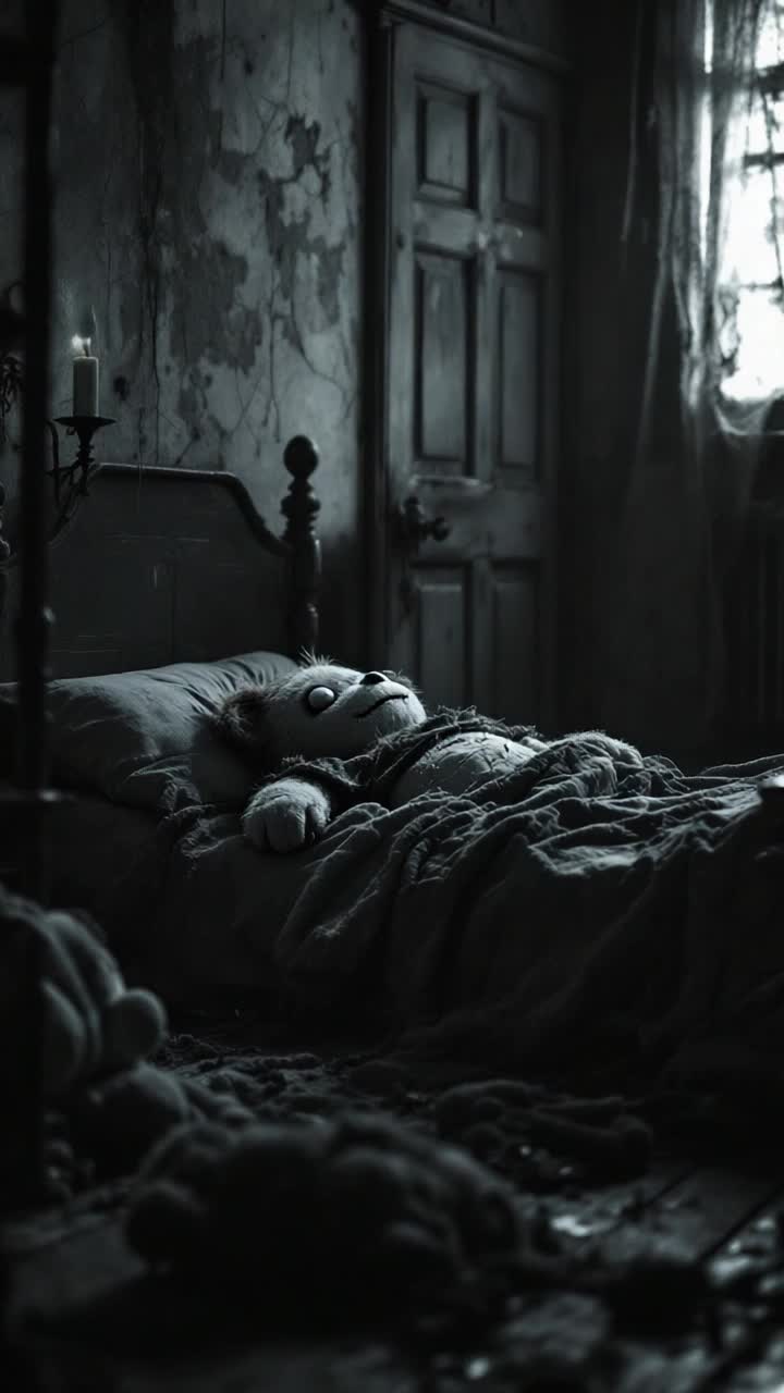 Lonely stuffed animal with worn fur and glassy eyes sprawled across a dusty old bed in a shadowy childrens bedroom filled with cracked wallpaper and cobwebs It begins to laugh softly echoing eerily in the stillness of night Faded toys scattered on the wooden floor illuminated by flickering candlelight casting unsettling shadows on peeling walls Black and white tones enhance the haunting atmosphere revealing the chilling secrets hidden within forgotten corners