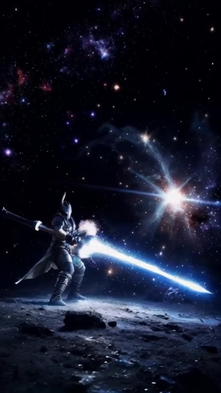 Chosen warrior wielding shimmering sword radiating cosmic energy crackling fiercely in the air engaging in an epic confrontation clashing with a shadowy adversary surrounded by swirling galaxies and flickering starlight illuminating a cosmic battlefield with a surreal eerie glow where light battles darkness creating a mesmerizing dance of fate balancing on a knife's edge