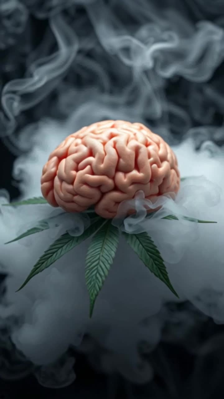 while rotating horizontally the moist brain is sitting on top of a cannabis leaf that is also on top of thick cloud of steamy smoke