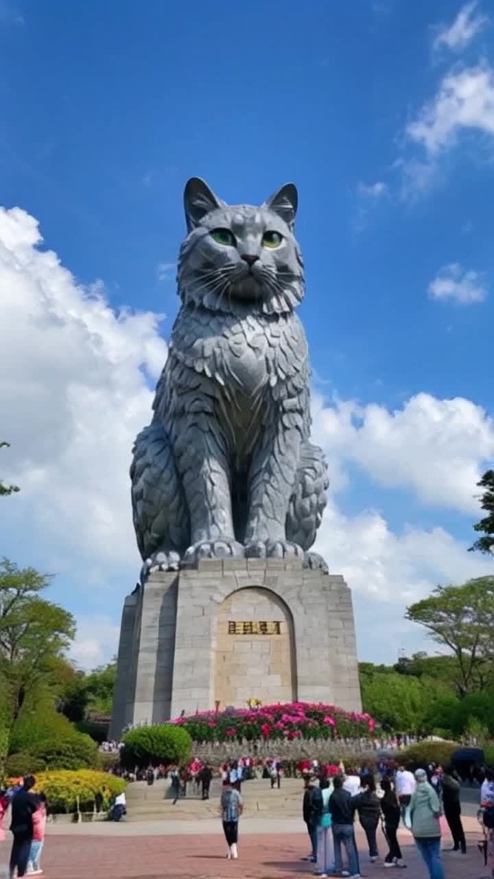 Majestic 60foot tall statue of an intricate giant cat with glistening eyes and detailed fur patterns perched regally on a stone pedestal, Curiously observing bustling crowd of tiny people below who gaze in awe and admiration, Lush green park surrounding the statue filled with vibrant flowers and delicate trees under a bright blue sky with fluffy clouds adding a serene atmosphere