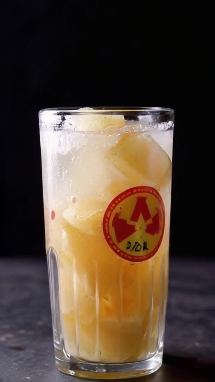 Salty potato soda filled in a glass , glass labelled as hypothetical beverage with danger sign
