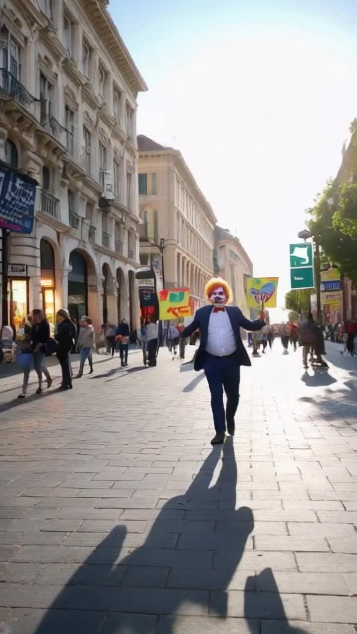 Individual with curious expression stands motionless colorful clown political candidate strides by energetic gestures vibrant campaign signs fluttering in warm breeze bustling street filled with intrigued onlookers reflecting diverse opinions sunny afternoon sky casts cheerful glow creating lively atmosphere