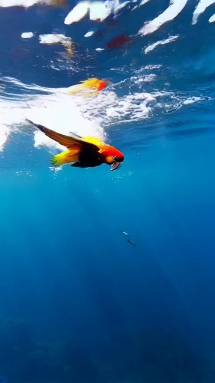 Colorful parrot diving gracefully through crystal clear water vibrant school of fish swirling around in a mesmerizing dance sunbeams filtering through azure waves illuminating sandy ocean floor