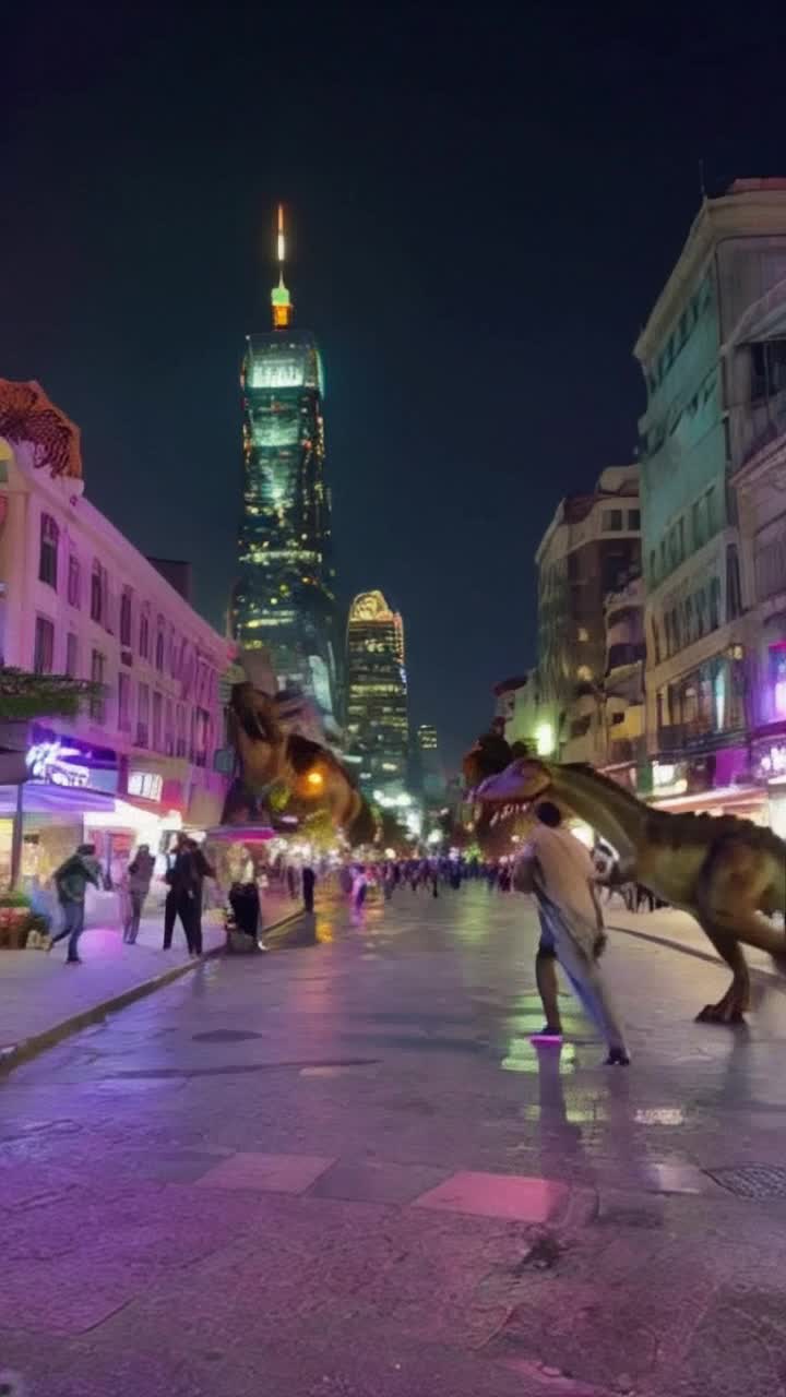 two terrified friends sprinting wildly dinosaur chasing them through vibrant bustling city streets skyscrapers towering overhead flashing neon lights illuminating their path sounds of pounding footsteps and roaring echoing in the air adrenaline rushing as they dodge pedestrians and street vendors colorful graffiti lining the walls creating a surreal atmosphere capturing frantic energy of the chase