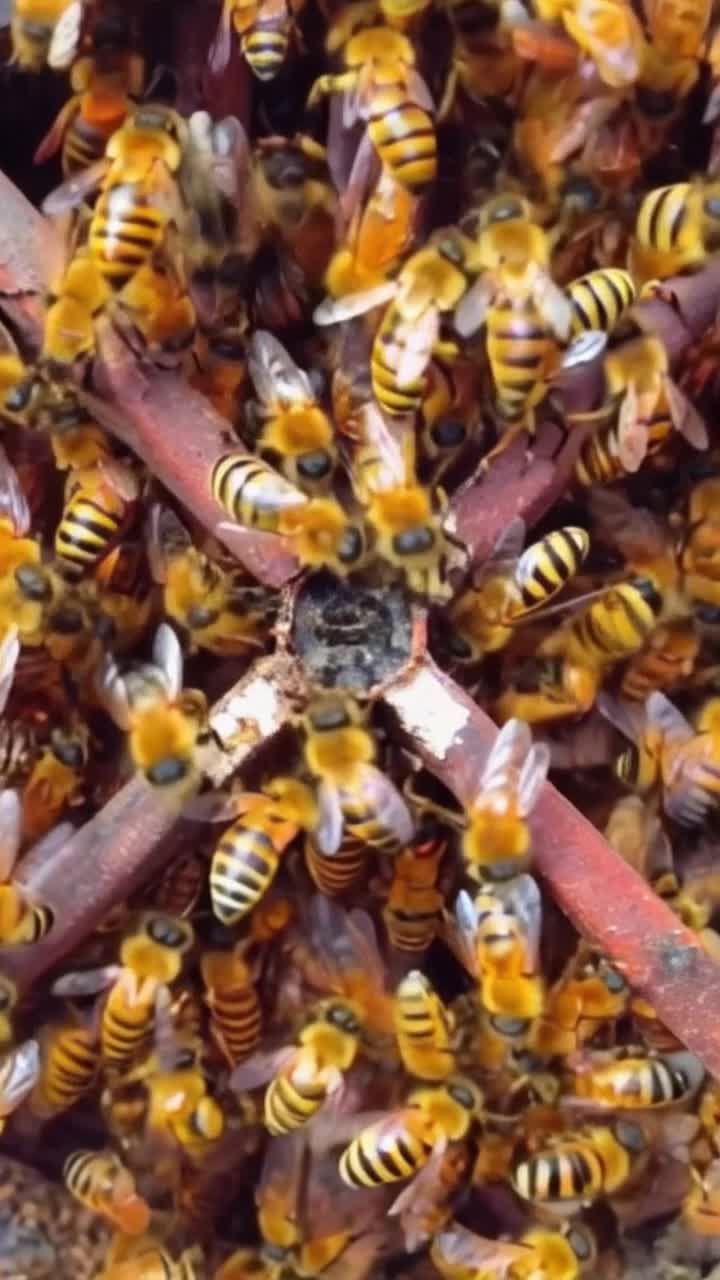 Bees, thousands of bees swarming, bees wye view, rapid erratic action, Extremely colorful 