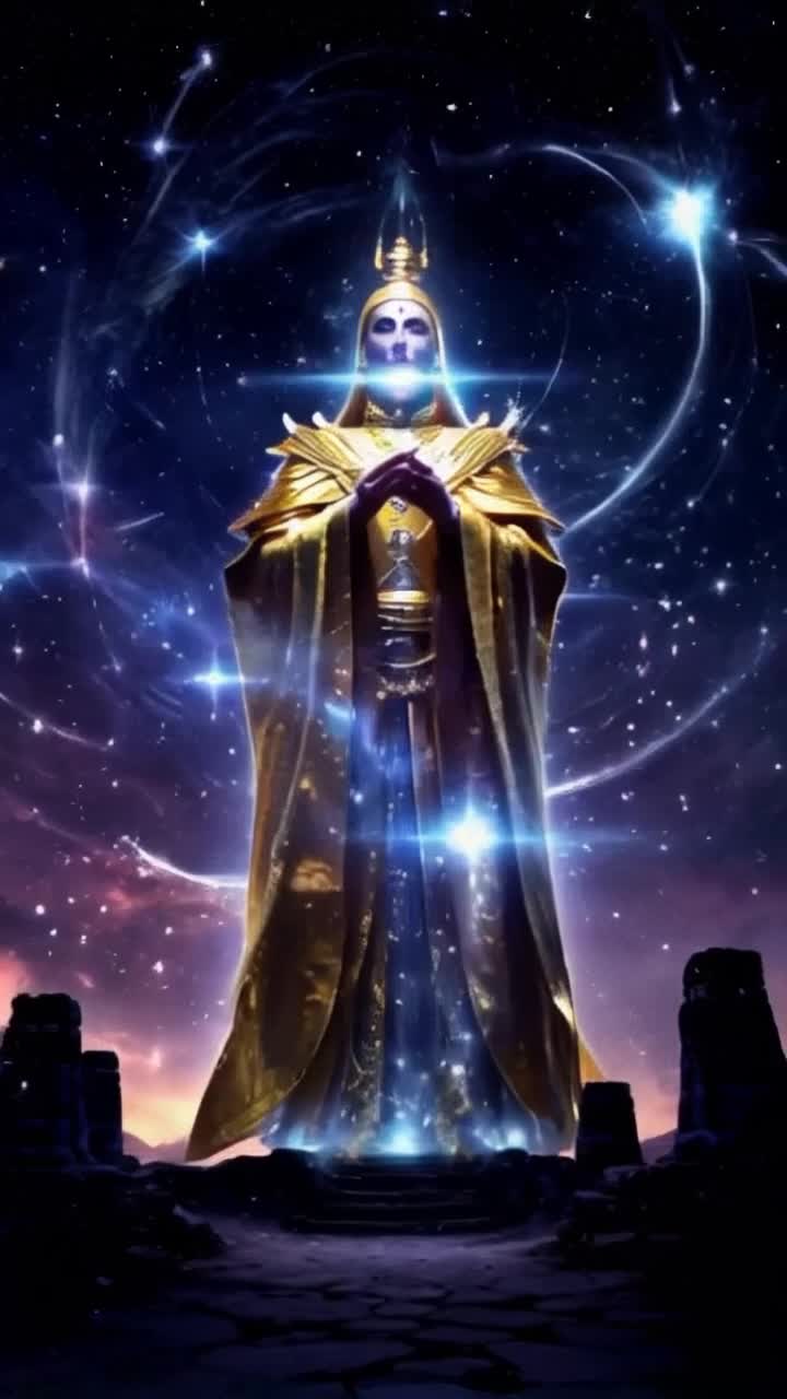 Celestial figure radiating ethereal light golden robes flowing shimmering aura Surrounding swirling cosmic elements vibrant galaxies sparkling stars Whispering profound truths voice echoing through the expanse of the universe Ancient temples reflecting divine wisdom ruins silhouetted against a twilight sky Mystical energy pulsating illuminating pathways between realms
