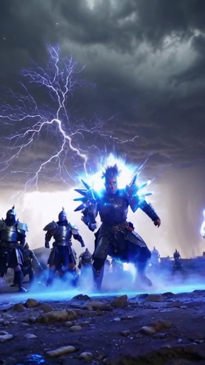 High vibrational warrior with spiky hair surrounded by crackling atomic blue energy launching into battle with fierce determination electrifying atmosphere swirling with vibrant energy flashes amidst stormy skies creating a dramatic backdrop warriors in the distance clad in shimmering armor rallying for an epic clash invigorated by the charged energy in the air as lightning dances overhead illuminating the battlefield with fierce brilliance