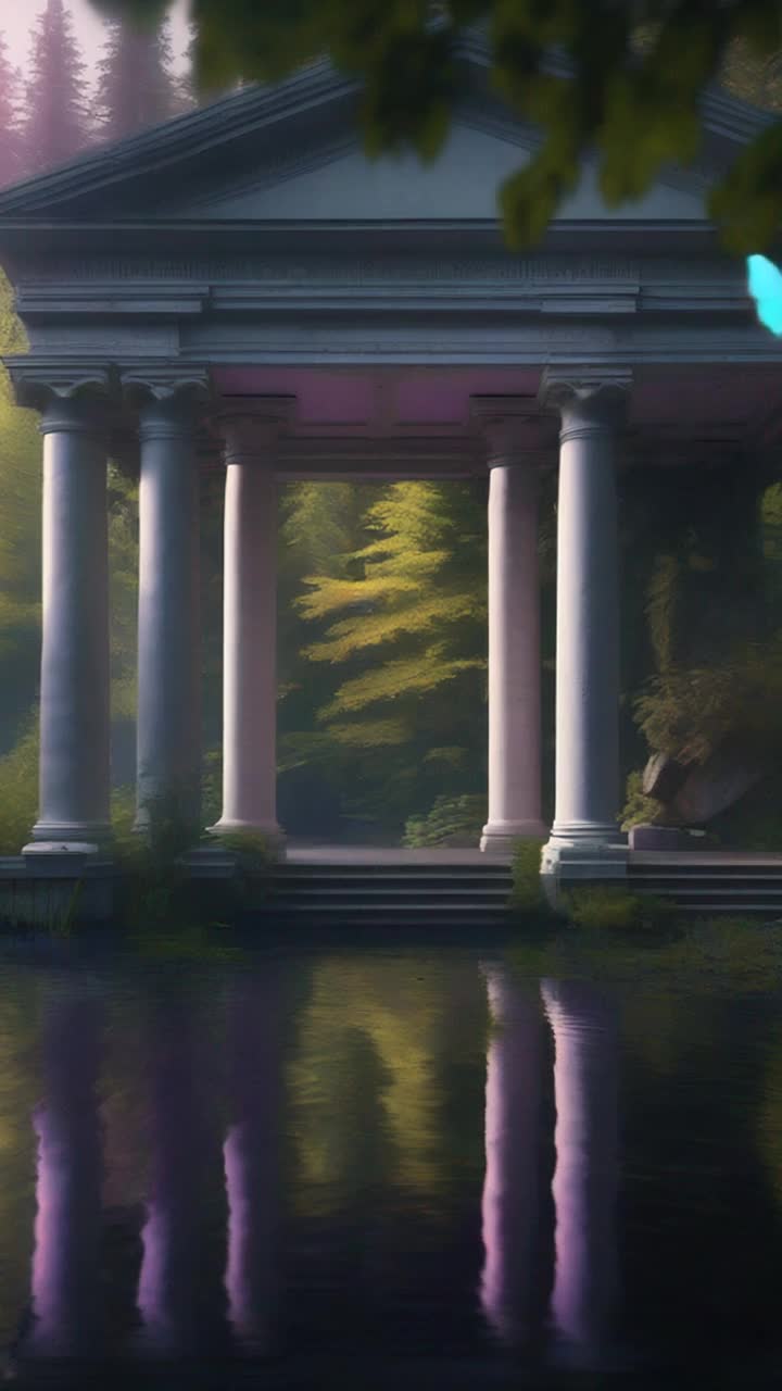 A beautiful pond in a deep dark mysterious forest in the Northern USA The pond has a reflection of a beautiful white Roman style building  with columns The realistic forest is full of diverse plants including pine trees, cedar trees, birch trees, ferns , mosses and diverse wildflowers that are white, blues, purples, pinks,  and yellows  There are gorgeous electric blue butterflies flying around delicately