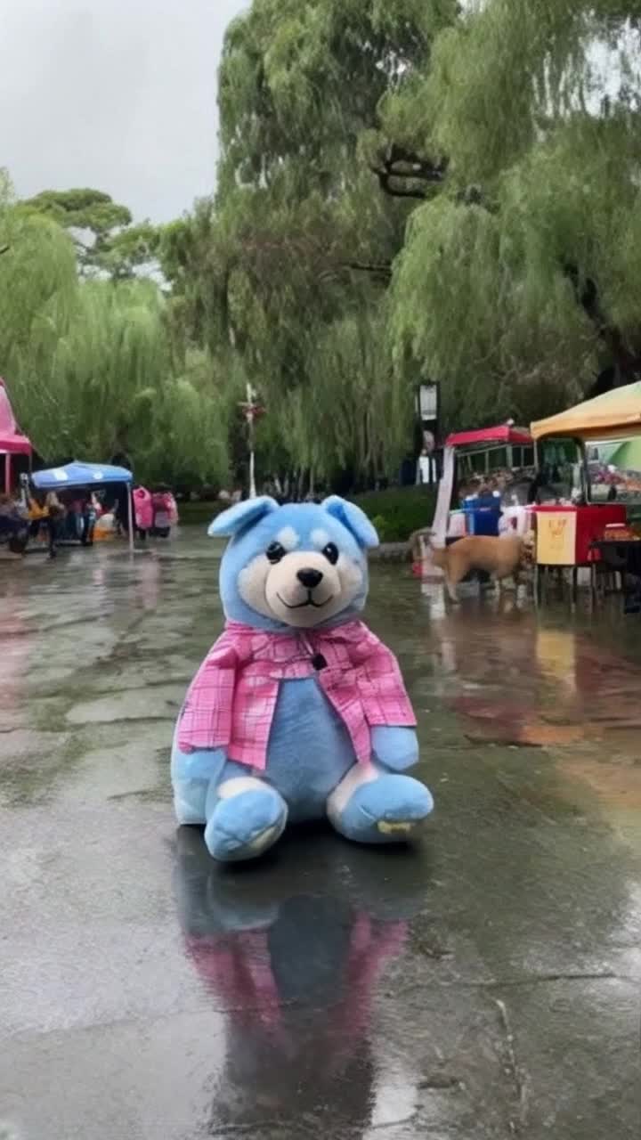 Light blue stuffed animal with a beige snout round black eyes and a trendy pink plaid jacket shares humorous daily stories with a sarcastic urban flair strutting through Parque La Carolina in Quito Ecuador chatting to the camera while mimicking a charismatic local influencer Lush green trees playful dogs and colorful food carts surround the scene under rapidly changing weather from bright sunshine to sudden rain Quick cuts dramatic zooms and reggaeton beats accompany moments of slowmotion walking interacting with real dogs and sitting in the rain Ends with the plushie lounging dramatically sighing today we won  OSOPERRO while catchy subtitles pop up