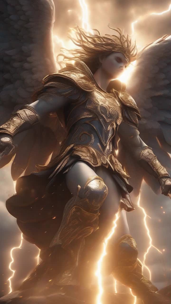Majestic angels with fierce expressions glowing halos crackling with energy Guardians clad in shimmering armor determinedly holding ground Thrumming thunder reverberating through dark stormy sky flashes of lightning illuminating chaotic battlefield swirling winds whipping debris high into the air tension palpable as power clashes echo fiercely vibrant colors contrasting against ominous clouds each heartbeat a moment closer to explosive confrontation