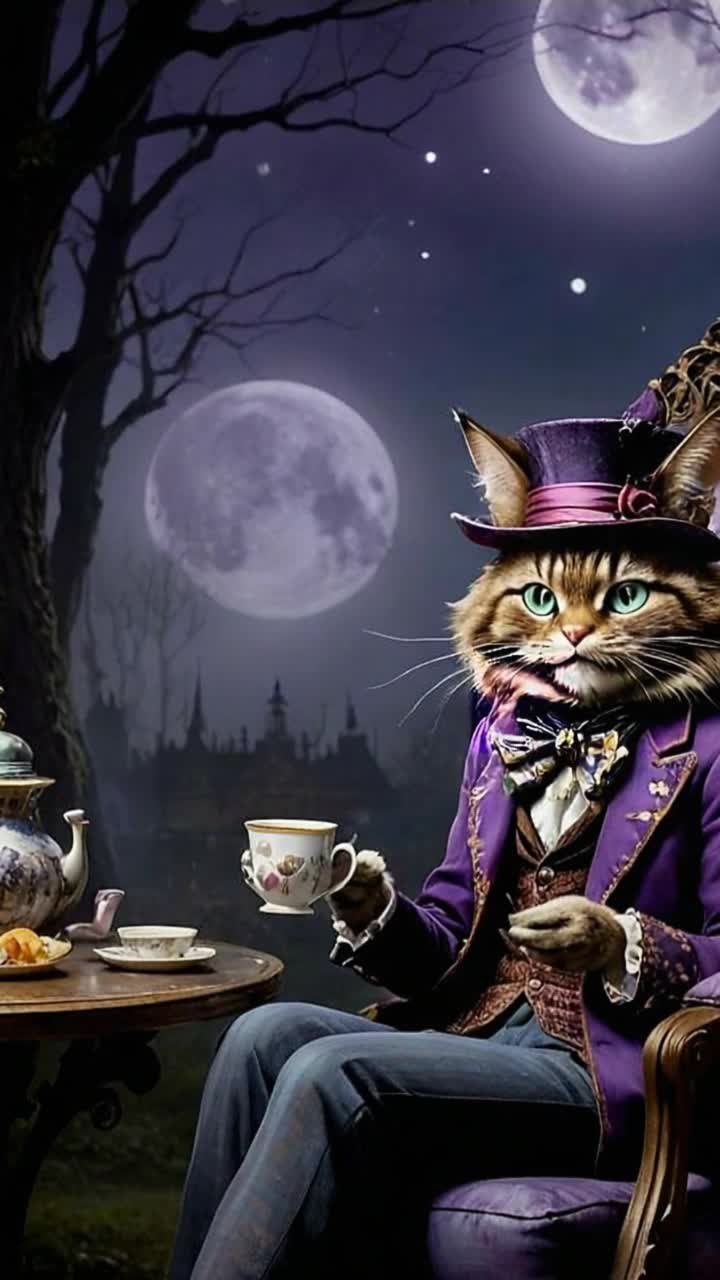 Elegant feline in a shimmering purple tuxedo poised gracefully with delicate paws lifted toward a fine china cup ready to sip fragrant tea Moonlit night sky draped in twinkling stars casting soft shadows on a lavish garden adorned with blooming flowers and glistening dewdrops Rich aromas wafting through the air creating an enchanting atmosphere of tranquility and sophistication