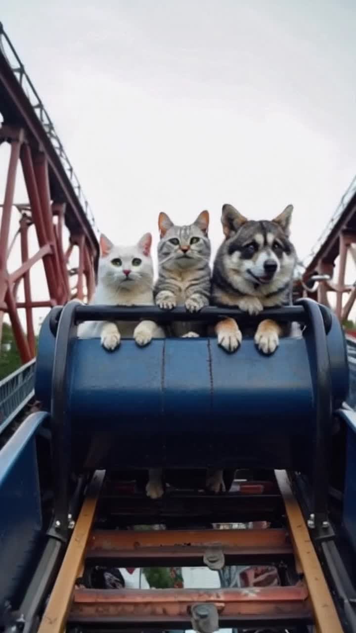 50mm shot of a cat, a dog  and a raccoon in a roller coaster in disney, This selfie not exist art style 