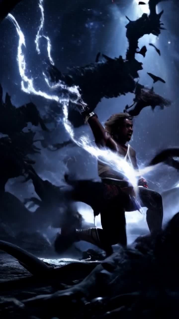 Chosen warrior radiating strength and power High vibrational energy pulsating intensely as he leaps into action Dynamic motion rippling through the air Highstakes battleground marred by chaos fierce lighting casting dramatic shadows omnipresent energy shimmering around the warrior as he channels ancient martial arts Fluid movements effortlessly dismantling looming dark demons High intensity captured from a low angle showcasing epic heroism Radiant aura enveloping the scene as he strikes hero poses flexing robust muscles against a backdrop of swirling debris and defeated foes