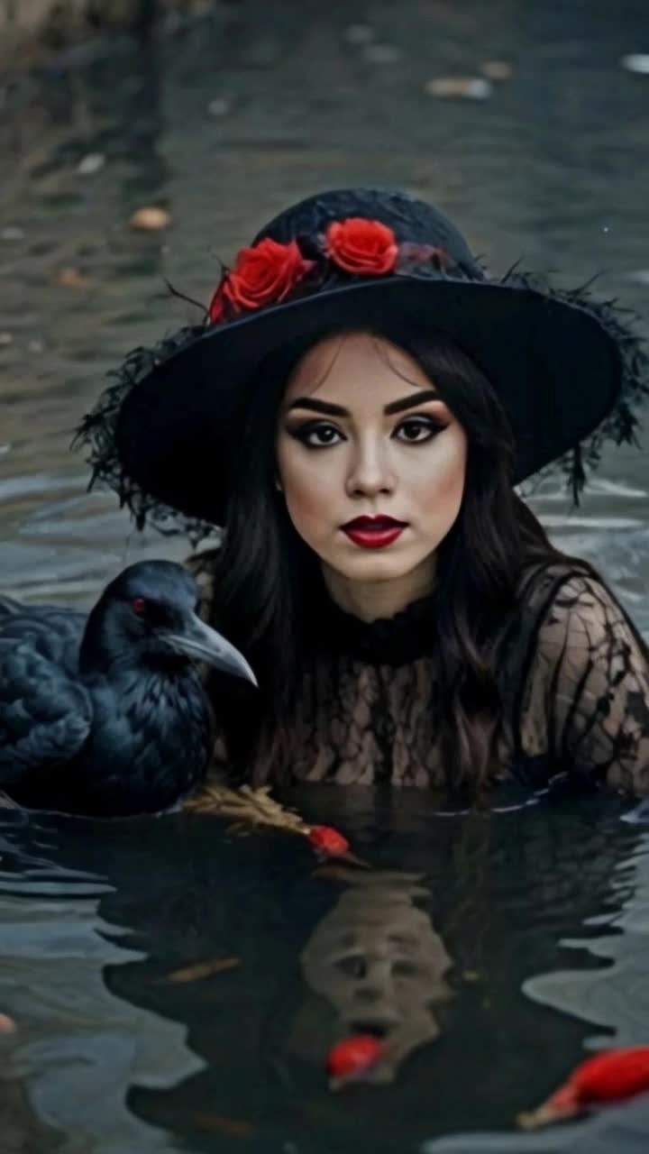 Graceful woman adorned in flowing gown floating serenely atop shimmering lake rippling gently beneath her delicate touch Dark, majestic crow perched nearby surveying surroundings with watchful eyes Sunlight glistens on waters surface reflecting vibrant colors of lush greenery framing tranquil scene Wisps of morning mist enveloping the landscape adding an ethereal quality to enchanting moment