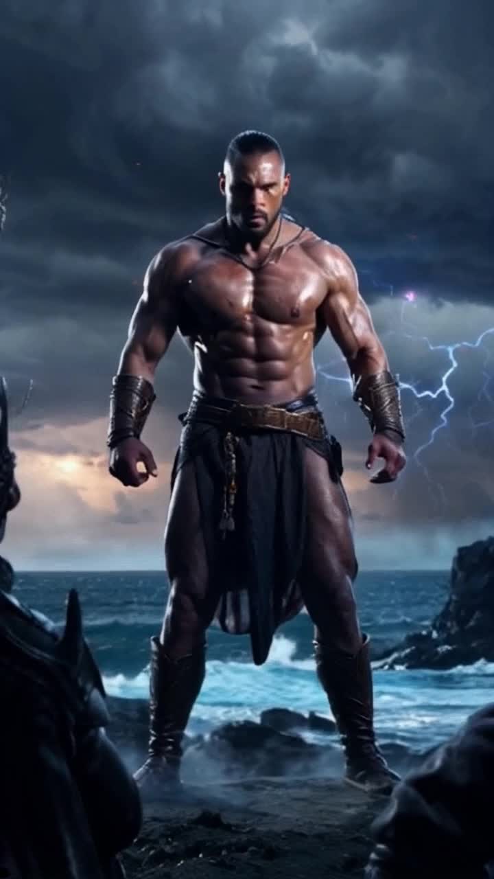 Chosen warrior stands resolute muscles rippling with power glowing aura radiating from within Anticipation crackles in the air as a massive wave of shadowy adversaries looms before him Dark clouds swirl ominously overhead flickering lightning illuminating the tumultuous sea fierce winds howl crashing waves creating a chaotic backdrop of nature's fury