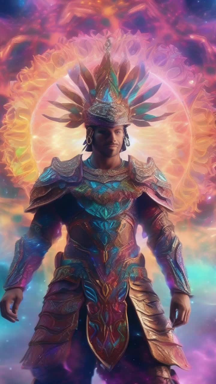 majestic warrior adorned in intricate armor swirling gracefully amidst vibrant kaleidoscope colors bursting vibrantly like fireworks illuminating surroundings with shimmering light while misty nebulae pulsate softly behind him creating a dreamlike ethereal atmosphere filled with wonder enchanting hues blending seamlessly swirling together in a celestial dance reflecting joy and serenity in every movement capturing essence of existence in this mesmerizing cosmic realm