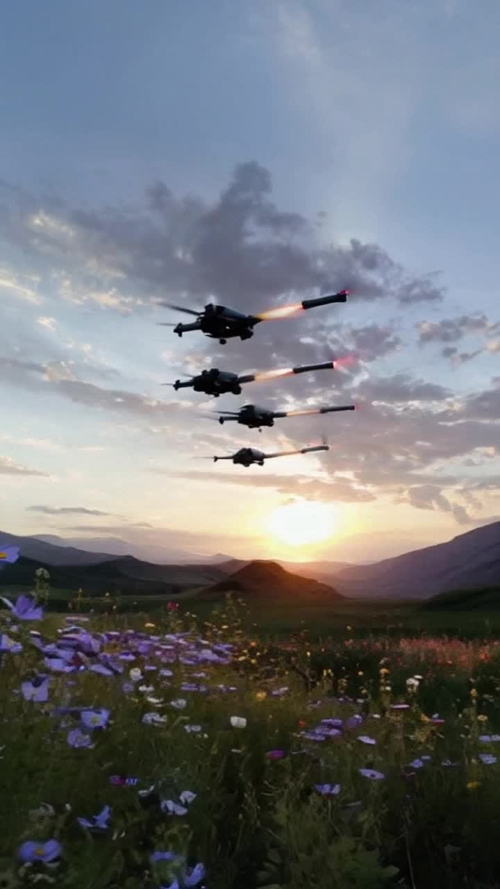 Sleek black drones soaring gracefully above a picturesque valley unleashing a barrage of missile jets illuminating the sky with bright fiery explosions cascading downwards creating shockwaves that ripple through lush green fields vibrant wildflowers swaying dramatically in the aftermath billowing smoke rising into the azure sky echoes of the powerful detonations reverberating off distant mountains a breathtaking display of technology and nature colliding in a mesmerizing spectacle capturing the tension between peace and chaos under a brilliant sunset casting golden hues across the dramatic scene