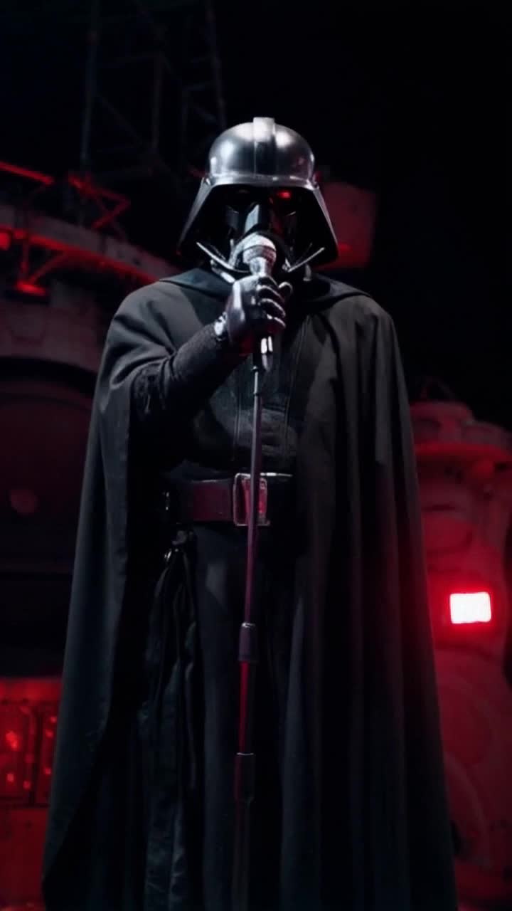Darth Vader holding a microphone rapping inside the Death Star