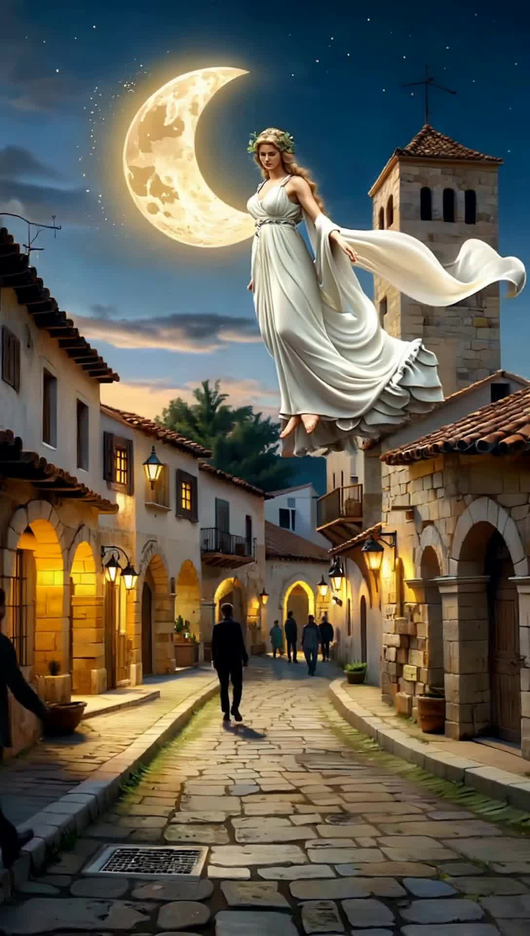an ancient greek town in peace under the night sky with a crescent moon and selene the greek moon goddess hovering above