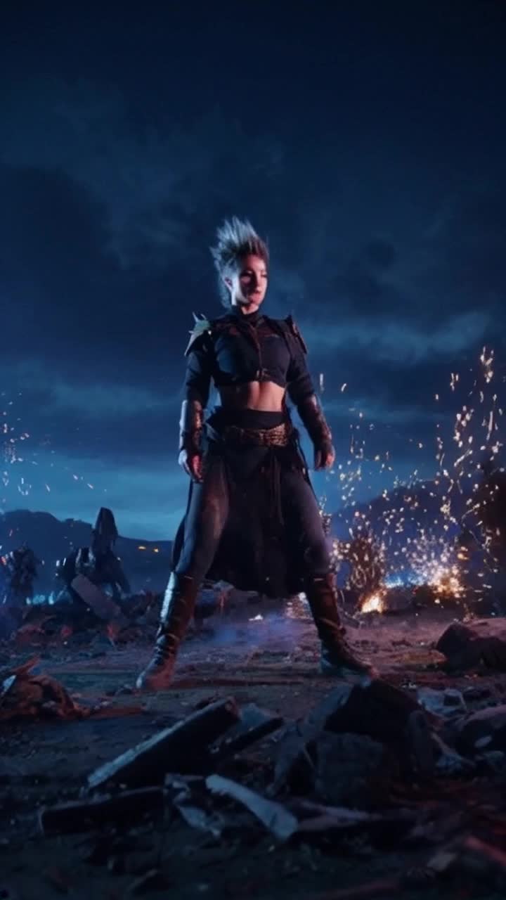 Battle-weary warrior woman with spiky hair pulsating with vibrant atomic blue energy takes a deep steadying breath harnessing divine knowledge awakening inner power illuminating her surroundings Twilight battlefield cast in shadows with remnants of war scattered across the ground distant echoes of clashing steel and soft whispers of wind swirling around her as radiant energy sparks illuminating the darkened sky transforming the atmosphere with electric intensity
