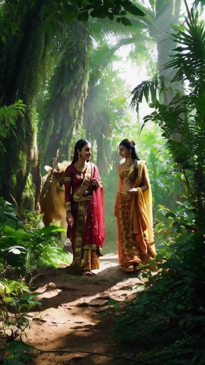 Radha Krishna elegant figures adorned in vibrant traditional attire stroll through lush green jungle whispering tales of love gentle breeze rustles leaves nearby majestic lion emerges from dense foliage eyeing them both with curiosity lush flora paints a vibrant tapestry around them soft sunlight filters through canopy creating enchanting dance of light shadows enchanting sounds of nature fill air serene yet thrilling moment unfolds amidst wild beauty