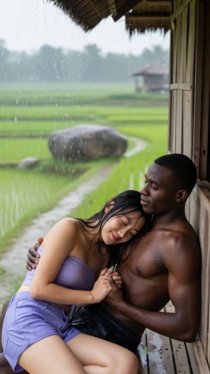 heavy rain, man hugs woman tightly romantically