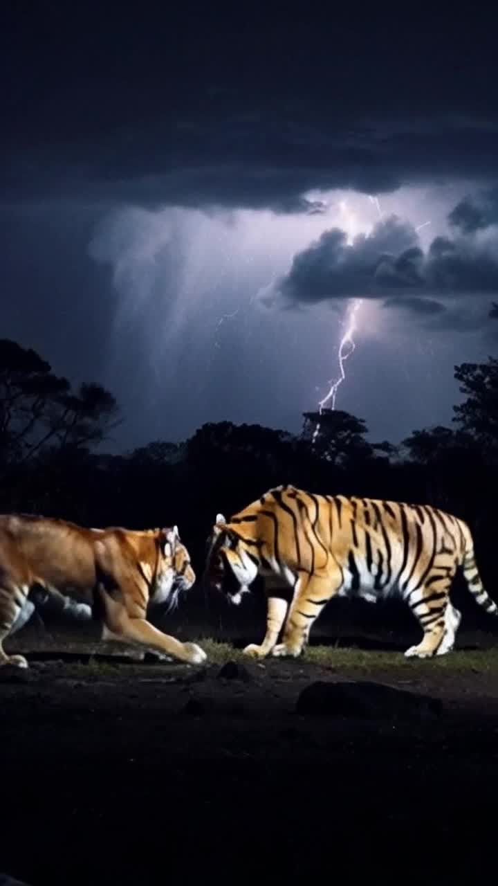 Majestic large cat with powerful muscles and piercing eyes confronts an equally formidable tiger under the shadowy night sky Fierce battle ensues as the two beasts clash with ferocity their growls echoing in the darkness Lightning illuminates the stormy backdrop rain pouring down with tension filling the air as thunder rumbles overhead creating an electrifying atmosphere for this primal struggle in stunning 8k resolution