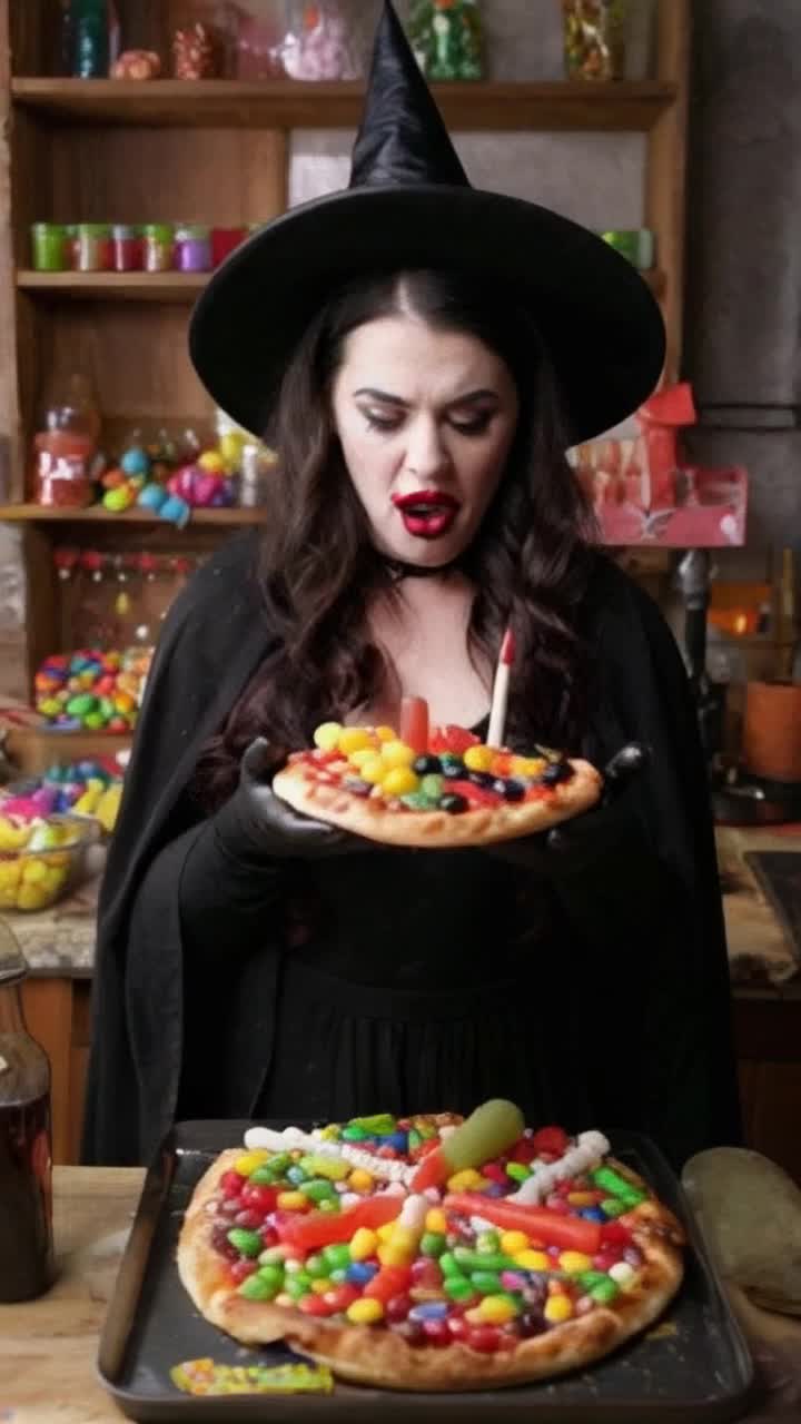 A wicked, sinister witch concocts a bizarre pizza topped with gummy bears, candy corn, and pickle spears, in her candy kitchen in the woods