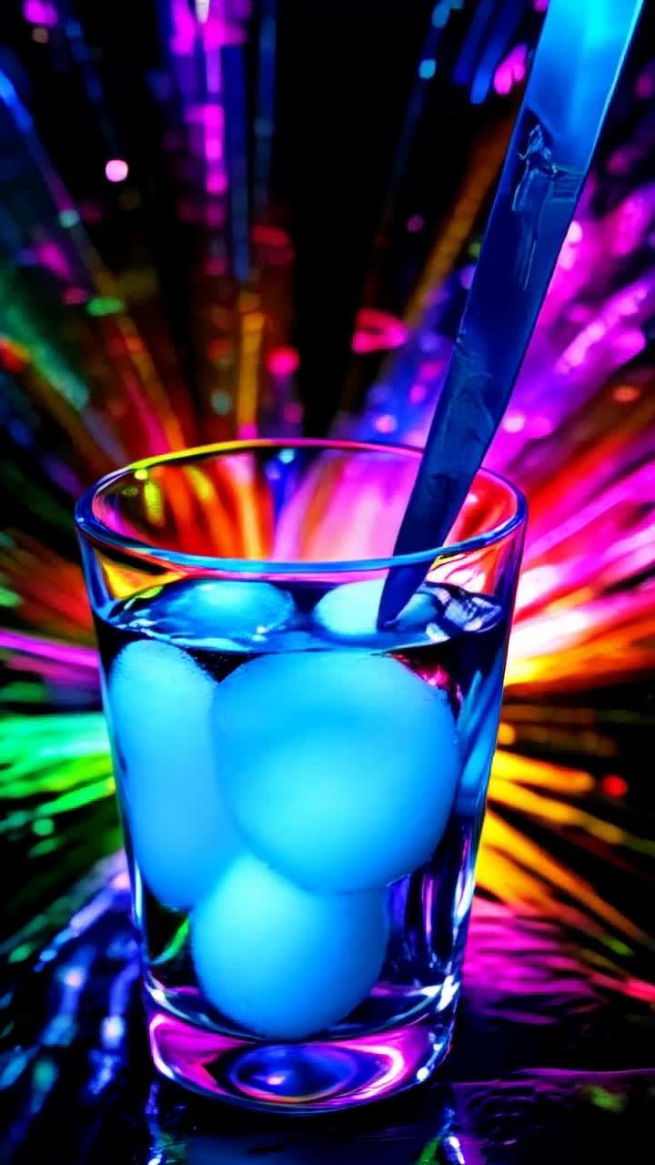 Glass of ice water being sliced in two by bread knife, clean cut, no spillage, psychedelic,  colorful, action, amazing 