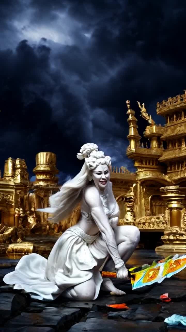 Statue comes alive, Elegant marble warrior goddess in ivory  white skirt, crouches with a gleaming golden sword poised for battle Rising with fierce determination she lunges forward slicing through the air Her radiant sword strikes a colorful paper money piata swinging in the foreground Shattered pieces rain down as she smiles triumphantly challenging the illusion of financial power Mystical energy crackles around her in this surreal scene set against a backdrop of shimmering golden ruins Overhead a storm brews symbolizing the turmoil of capitalism and the fight for true freedom against shadows of greed