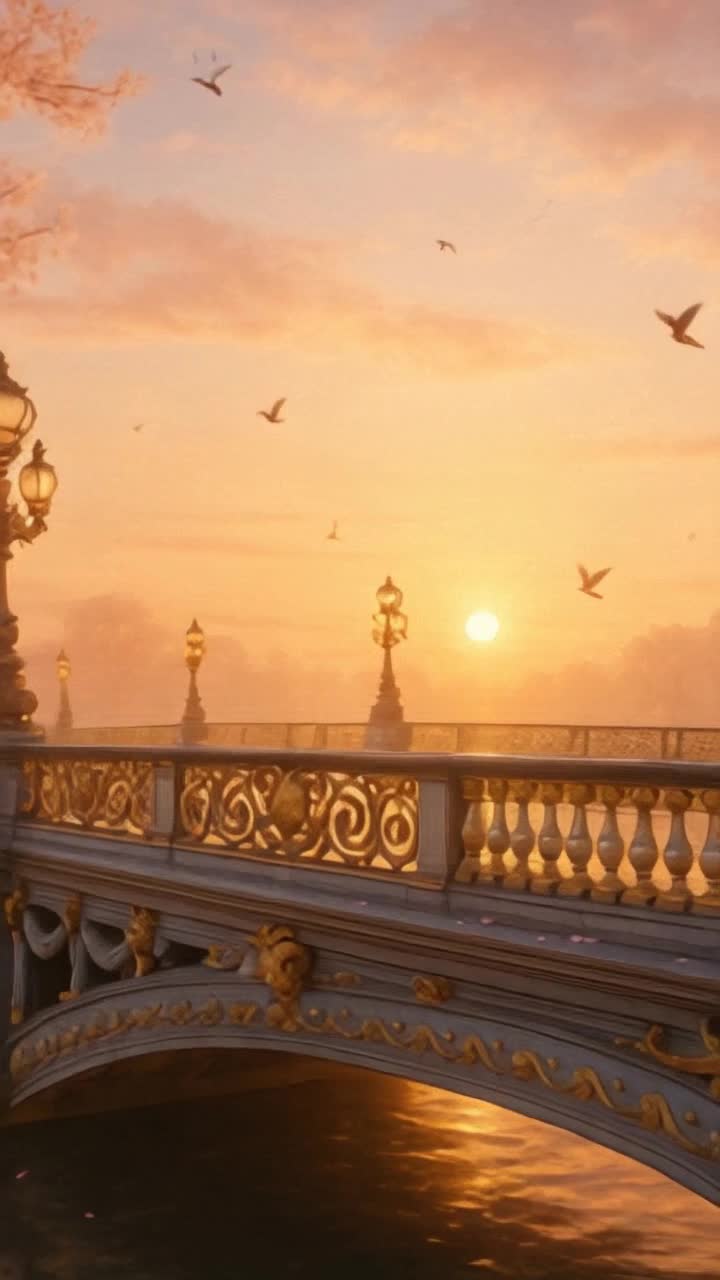A breathtaking, highly detailed video of the worlds most beautiful ornate bridge at sunrise The bridge is an architectural marvel, with intricate wrought iron railings, golden accents, and sculpted stone pillars adorned with mythical creatures Blossoming cherry trees line the walkway, their petals drifting gently in the wind The river beneath reflects the glowing sky, shimmering with soft pinks and golds Birds soar above as a light mist rises The camera slowly glides across the bridge, capturing elegant lamp posts, decorative carvings, and the peaceful, dreamlike atmosphere of earl