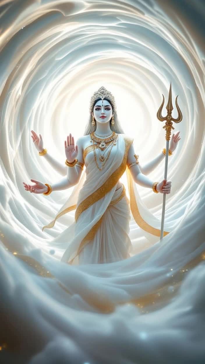 8K, HDR, seamless animation with fluid movementsThe celestial hum grows stronger A pure, radiant white light emanates from a swirling vortex in the center of the frame This isnt a blinding light, but one of pure, soothing luminescence, like moonlight on a clear nightFrom the vortex, a figure begins to formMAHAGAURI VO, echoing, gentleI am Mahagauri, the great goddess of purity, peace, and serenityThe figure resolves into the goddess MAHAGAURI She is exquisitely beautiful, her complexion a luminous, milky white, like a pearl She wears a pristine, flowing white sari with a delicate golden border Her ornaments are made of pure, sparkling diamonds and goldShe has four armsIn her right upper hand, she holds a gleaming TRIDENT TRISHULIn her left upper hand, a small, elegant DAMARU drum is heldHer lower right hand is in the ABHAYAMUDRA a gesture of fearlessnessHer lower left hand is in the VARADAMUDRA a gesture of bestowing boonsThe camera zooms in slowly on her serene, compassionate face Her eyes are halfclosed, radiating a profound sense of peaceSCENE ENDSCENE STARTEXT CELESTIAL LANDSCAPE  DAY8K, HDR, hyperrealistic renderingMahagauri is now shown gracefully seated on a pure white bull, named VRISHARUDHA The bulls coat is impossibly clean and shines with a soft light The landscape around them is a vibrant, verdant field filled with blooming white flowers, resembling jasmine Kunda A gentle, cool breeze rustles through the leavesThe camera circles Mahagauri and her bull, showcasing her divine grace and the immense power she holds in her peaceful form The trident and the drum glow with a soft, warm lightSCENE ENDSCENE STARTMONTAGE  FULFILLING DESIRESA series of short, animated vignettes Each one is a quick, highquality, 8K shot The transitions are seamless and fluidVIGNETTE 1 A devotee, looking troubled, is kneeling in prayer A soft, white light from above touches them Their face transforms, showing a sense of profound relief and peaceVIGNETTE 2 A field of dark, withered crops Mahagauris image appears as a shimmer of light in the sky Rain, pure and glowing, begins to fall, and the crops instantly become lush and greenVIGNETTE 3 A child is crying, lost and alone The image of Mahagauris gentle face appears in a ray of light, and the child is instantly filled with a sense of safety and calm Their tears stop, replaced by a soft smileSCENE ENDSCENE STARTEXT HIMALAYAN RIVER  DAY8K, HDR, beautiful and poignant animationThis scene is a flashback, telling the story of her originWe see a figure, GODDESS PARVATI, with a dark, ashcovered complexion She is weary from her long penance She is walking towards a sparkling river, the sacred GANGESAs she steps into the water, her form begins to shimmer and change The dark skin washes away, not as dirt, but as a separate, distinct form of energy that floats away and dissipates into the airParvati emerges from the water, her body now luminous and fair, her complexion like the moon She smiles serenely, reborn and purified The music swells with a sense of triumph and graceMAHAGAURI VOAfter my long penance, Lord Shiva bathed me in the holy waters My dark complexion was washed away, and I emerged as the one with a radiant, golden hue I became MahagauriSCENE ENDSCENE STARTINT DIVINE REALM  DAY8K, HDR, slow, majestic camera movementThe final shot returns to Mahagauri, now at the center of the screen The white bull is beside her, and the gentle, divine hum is at its peak A halo of pure white light surrounds her headThe camera slowly pulls back, revealing the vast, peaceful expanse of her divine realm The feeling is one of complete tranquility, purity, and benevolenceMAHAGAURI VO, strong, clearI am the one who purifies the soul I am the giver of peace, and the one who grants all pure desires Seek me, and you shall find clarity, serenity, and the strength to overcome all obstaclesThe camera continues to pull back until Mahagauri becomes a small, brilliant star in the vast cosmic expanse The sound fades to a single, resonant note, and then to silence