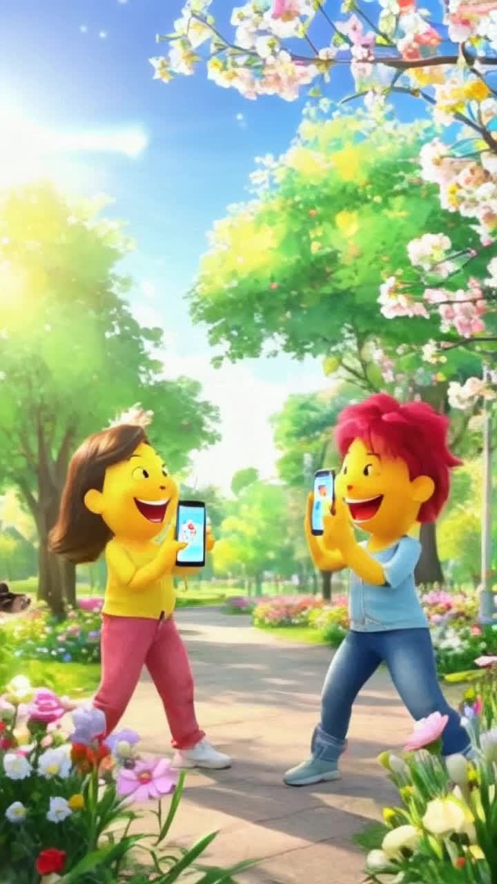 DgbbbbbvxxcbbbccccbbbTwo animated characters with vibrant personalities waving enthusiastically at each other Holding smartphones with bright screens displaying cheerful emojis Sunlit park filled with blooming flowers colorful trees swaying gently in the breeze lively background sounds of laughter and birds singing