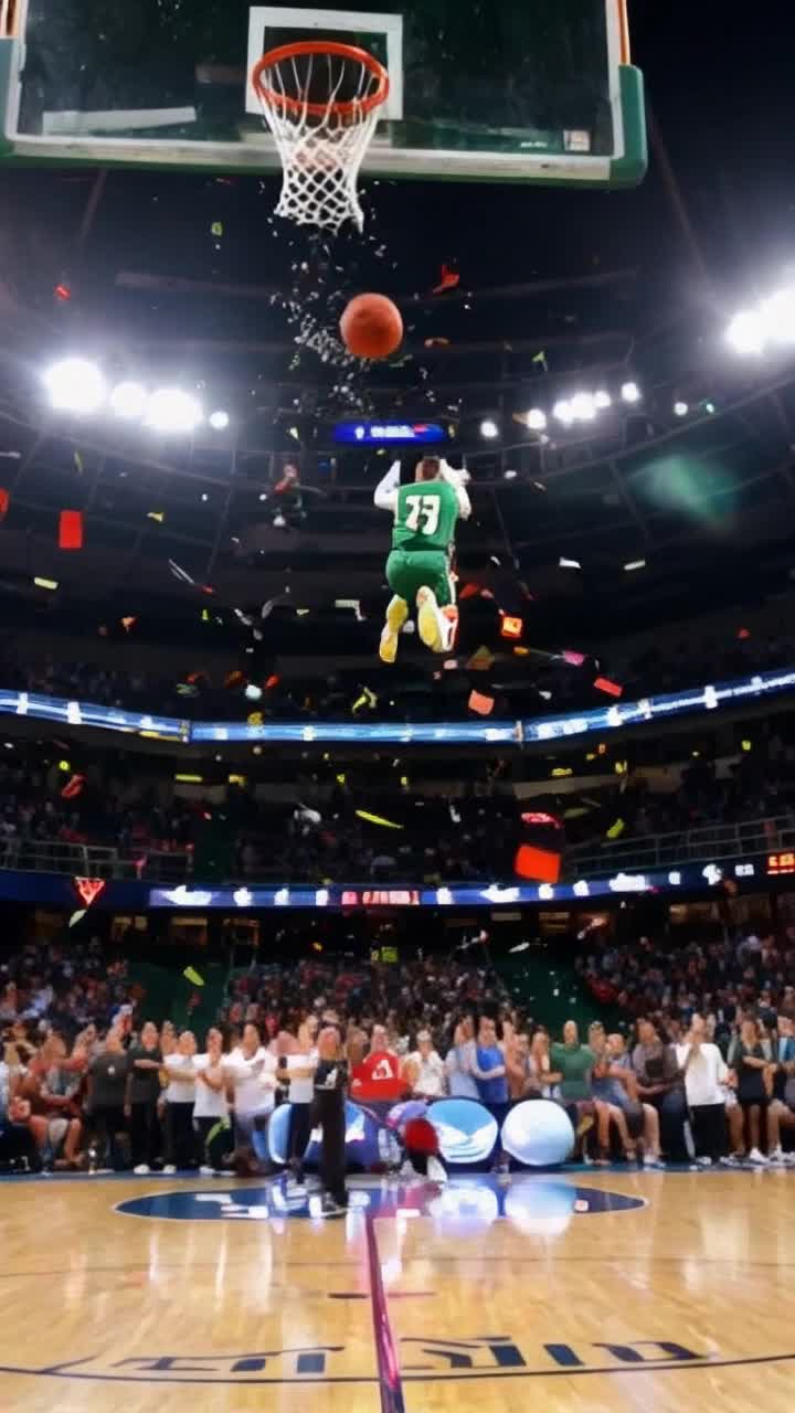 A cat in basketball uniform of green and orange colors, number 55, slam dunks his basketball to confetti and applause of an excited crowd in a dramatically lit basketball court