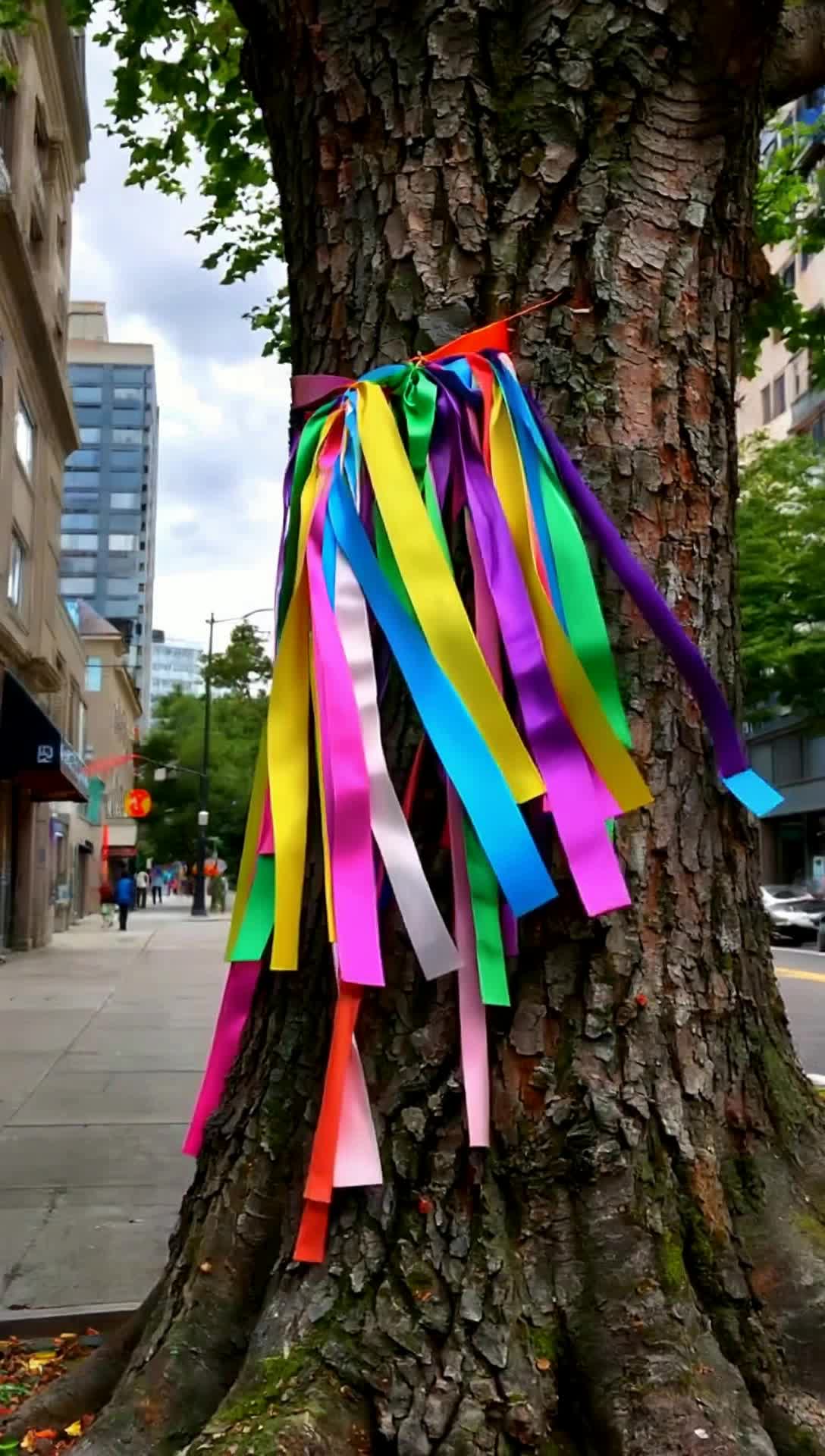 various faded colored ribbons tied to an oak tree on an urban street blowing in the wind