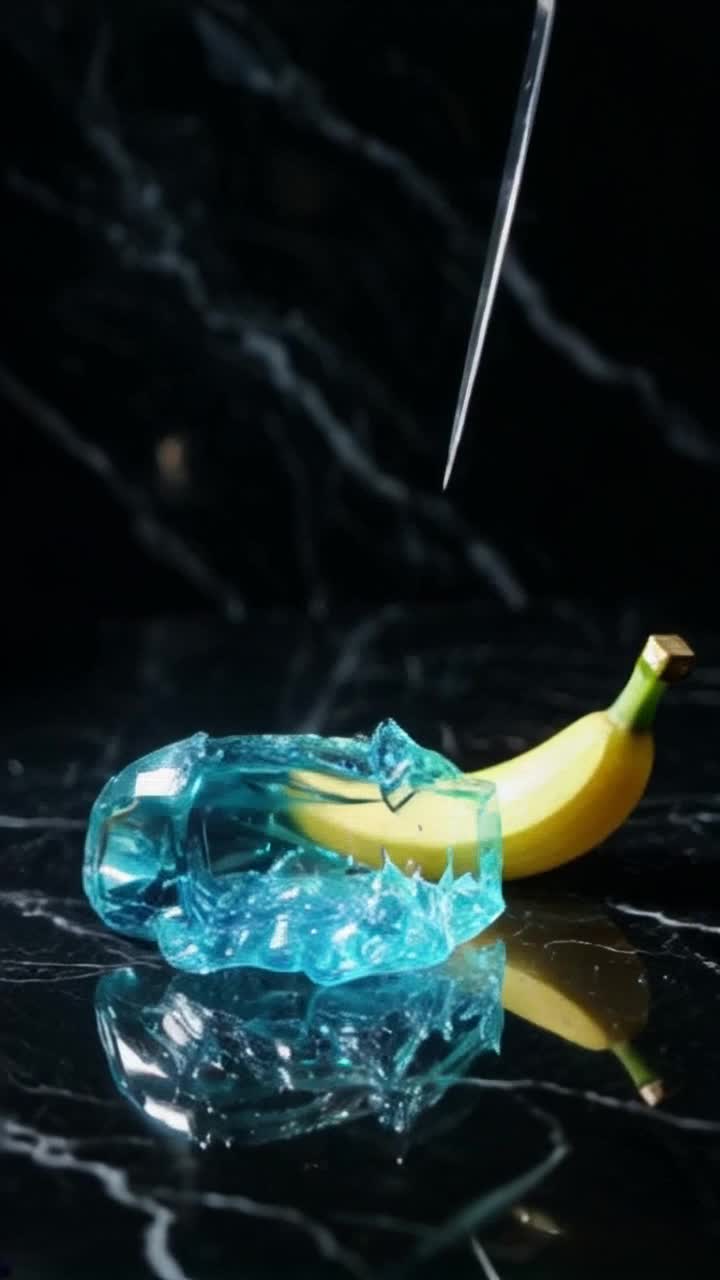 Translucent glass banana glistening under dramatic lighting Sharp knife gliding through fruit creating a cascade of sparkling glass shards swirling dramatically Reflective black marble surface serving as a stunning backdrop with rich textures Soft ambient glow illuminating scene enhancing the hyperrealistic quality Highspeed 4K footage capturing every intricate detail of motion and light interplay