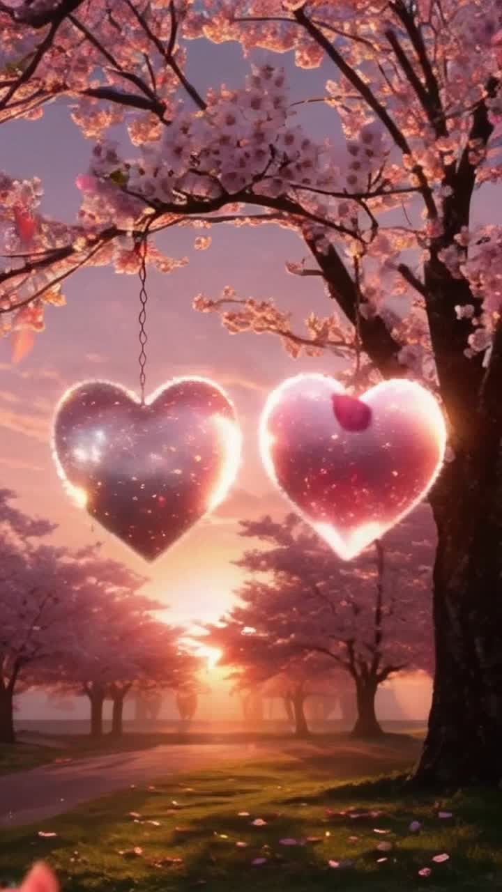 Two intertwined hearts glowing softly in radiant hues, sharing warmth and connection Whirling in a gentle dance, they radiate vibrant energy that pulses with joy Enveloping them, a dreamy sunset bathes the scene in golden light, casting shadows of flourishing cherry blossom trees A hypnotic melody plays in the background, enhancing the enchanting atmosphere as petals flutter through the air, creating a romantic symphony of colors Sparkling fireflies flit playfully around, adding a touch of magic to this intimate moment