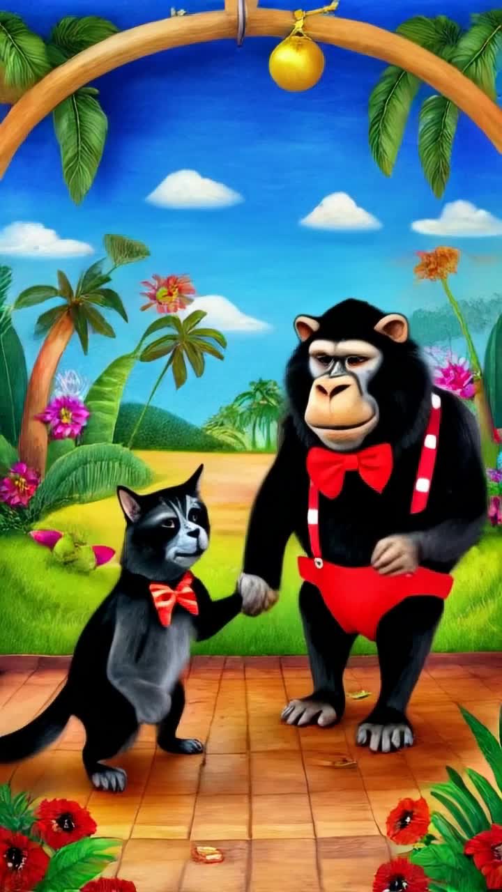 Chimpanzee and cat dance and shake hands