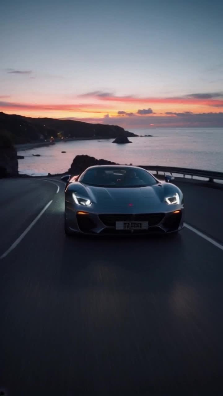 Sleek exotic sports car glistening under bright city lights Racing down a winding coastal road at dusk Engine roaring smoothly as waves crash nearby Lush cliffs reflecting vivid sunset hues in the background